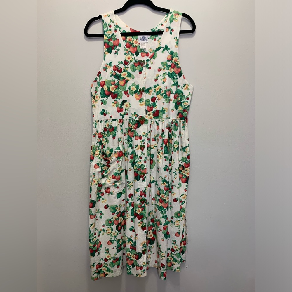 Dogwood Lane Strawberry Print Dress Vtg Rare Cottage Core Country Women's Size M